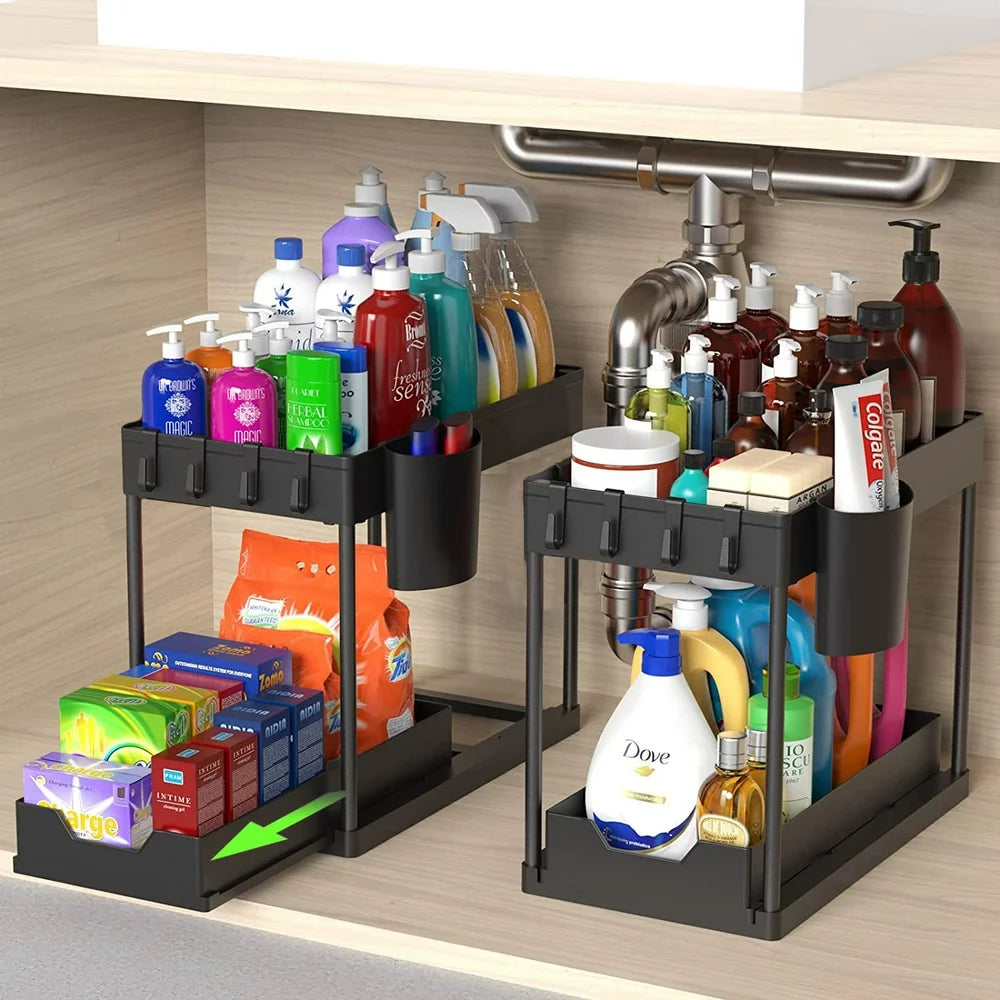 Kitchen Organizers and Storage 2Pack, 2 Tier Under Sink Organizer Sliding  Pantry Organizer Pull Out with Hooks and Hanging Cups for Bathroom Kitchen  Cabinet Black 2Pack : : Home